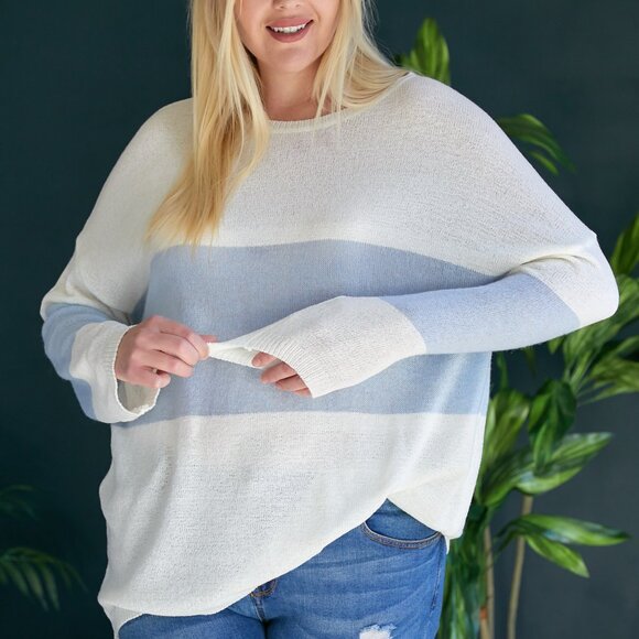 DAVI & DANI Plus Size Light Blue & White Colorblock Lightweight Sweater, Casual - Picture 9 of 9
